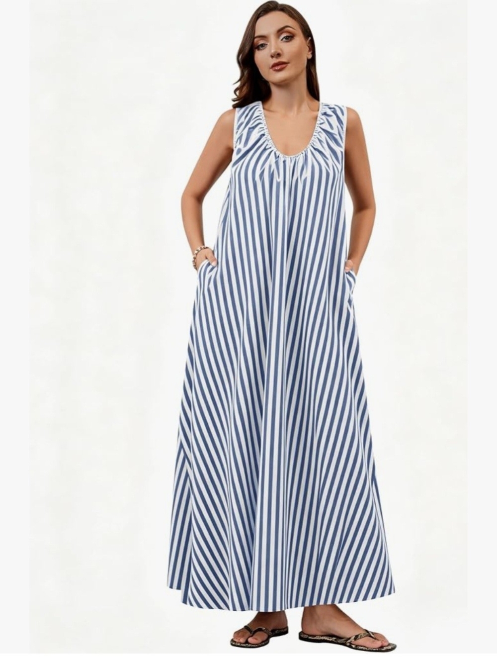  Women Sleeveless Maxi Dress Scoop Neck Ruched Loose Fit Casual Elegant S